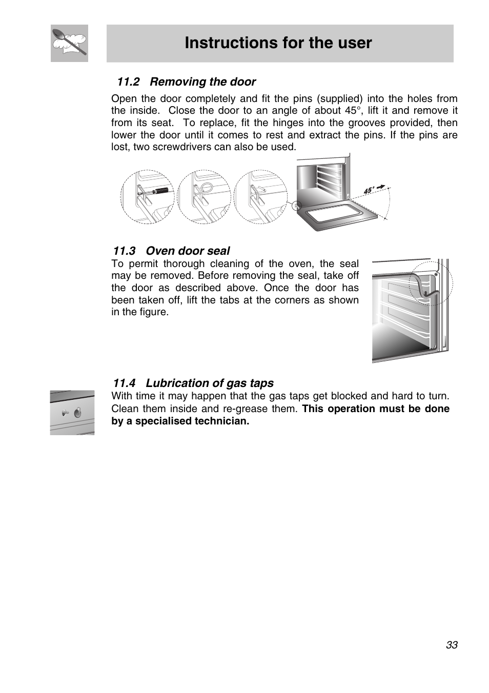 Removing the door, 3 oven door seal, 4 lubrication of gas taps | Instructions for the user | Smeg A11A-6 User Manual | Page 31 / 32