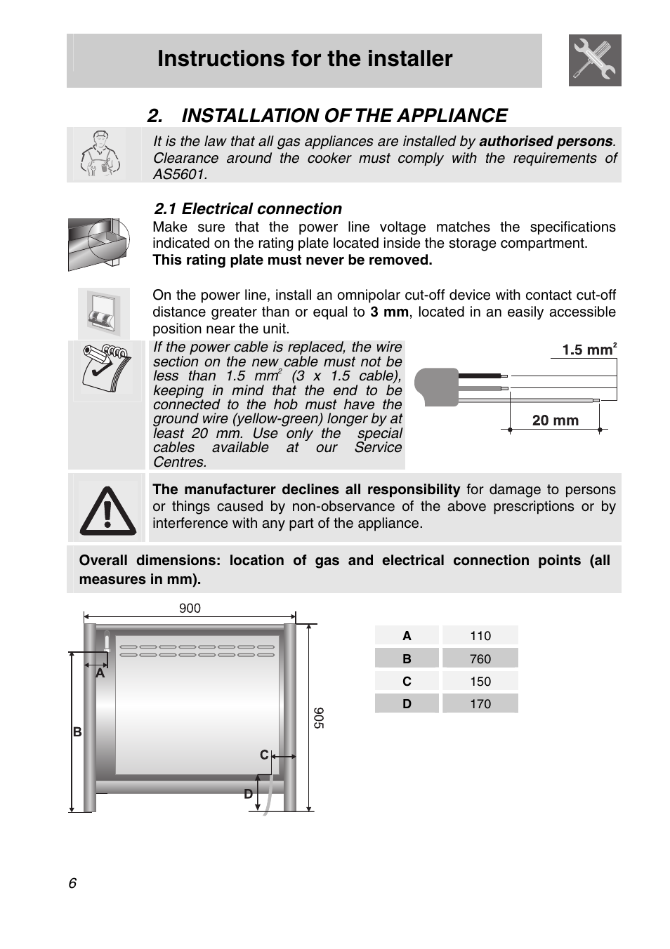 Installation of the appliance, 1 electrical connection, Instructions for the installer | Smeg A11A-6 User Manual | Page 4 / 32