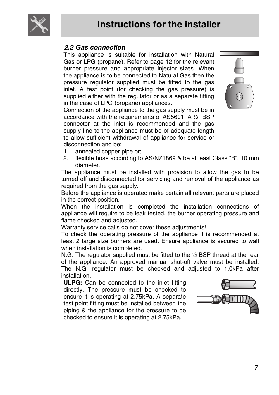 2 gas connection, Instructions for the installer | Smeg A11A-6 User Manual | Page 5 / 32