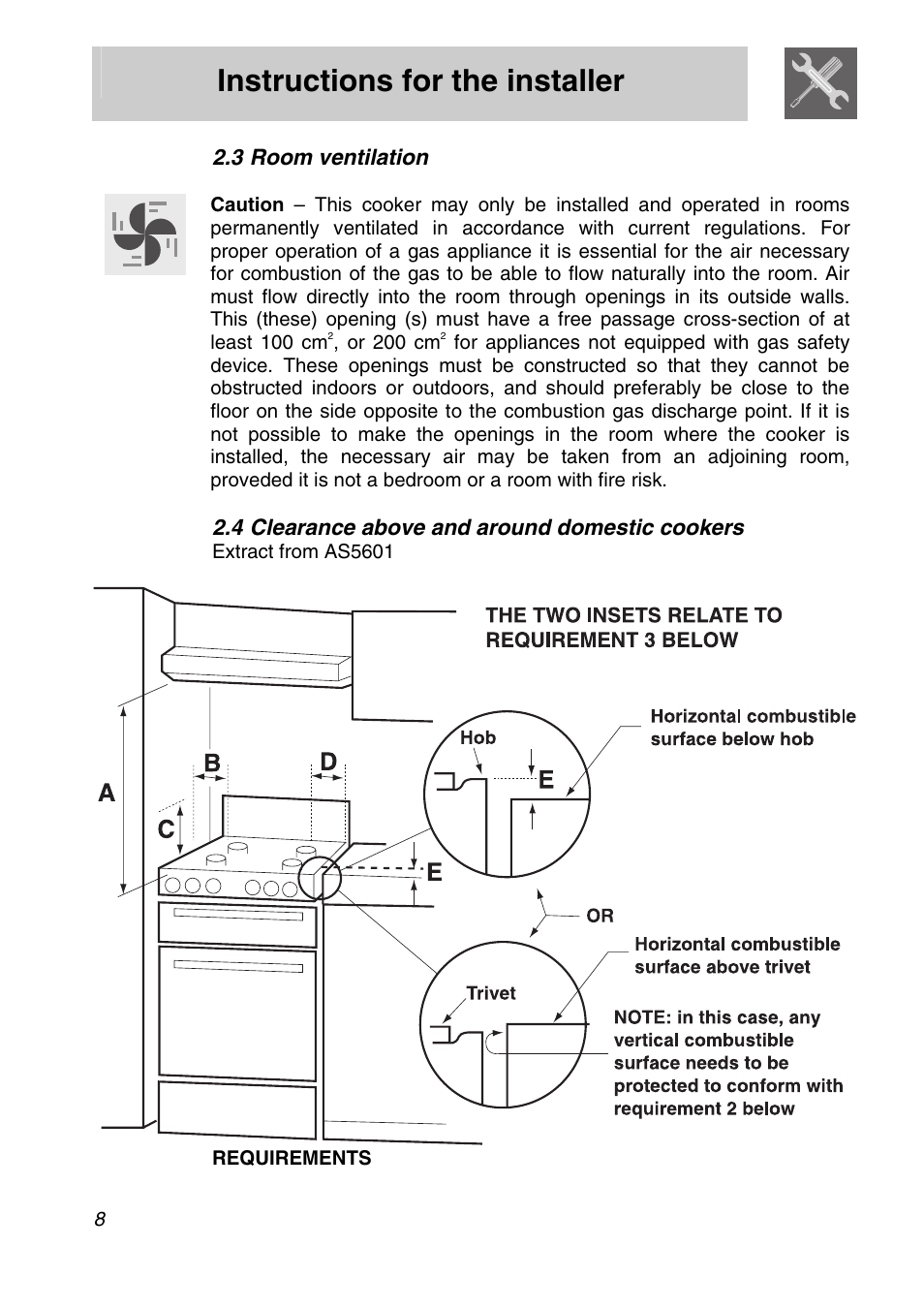 3 room ventilation, 4 clearance above and around domestic cookers, Instructions for the installer | Smeg A11A-6 User Manual | Page 6 / 32