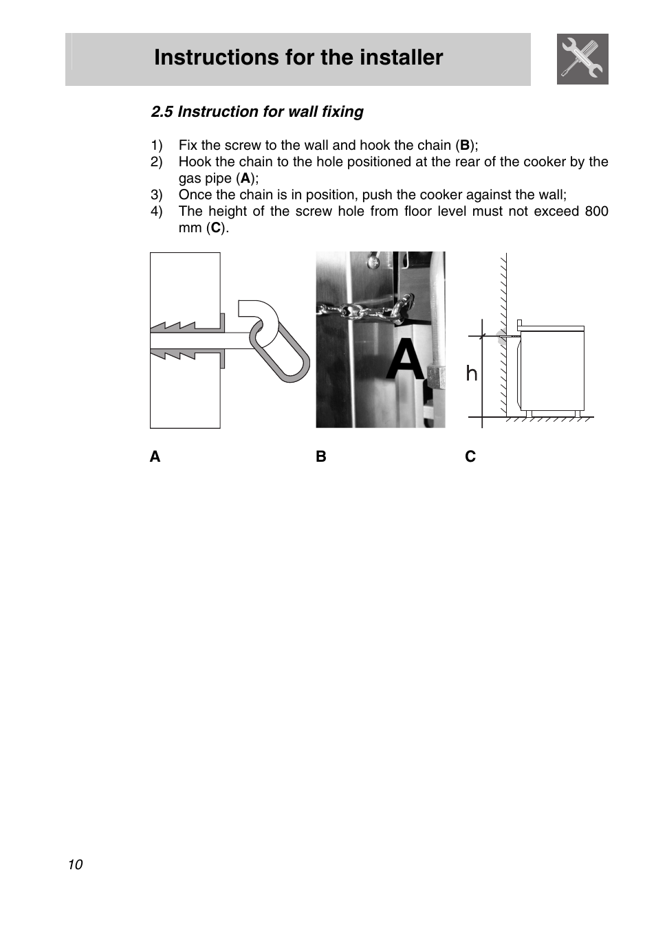 5 instruction for wall fixing, Instructions for the installer | Smeg A11A-6 User Manual | Page 8 / 32