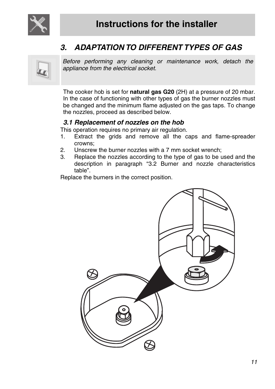 Adaptation to different types of gas, 1 replacement of nozzles on the hob, Instructions for the installer | Smeg A11A-6 User Manual | Page 9 / 32