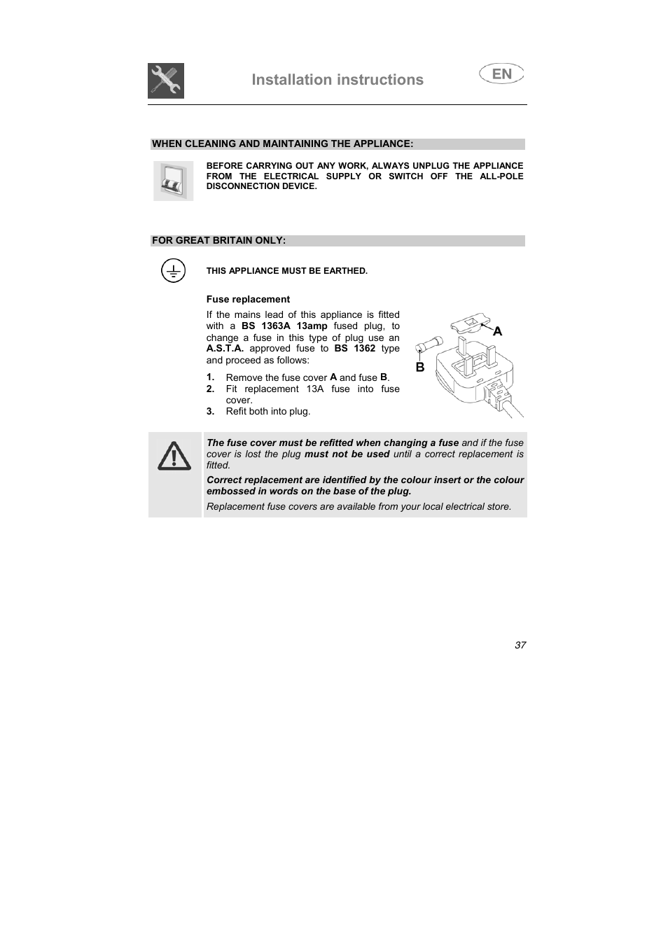 Installation instructions | Smeg KLVS50EB User Manual | Page 20 / 37