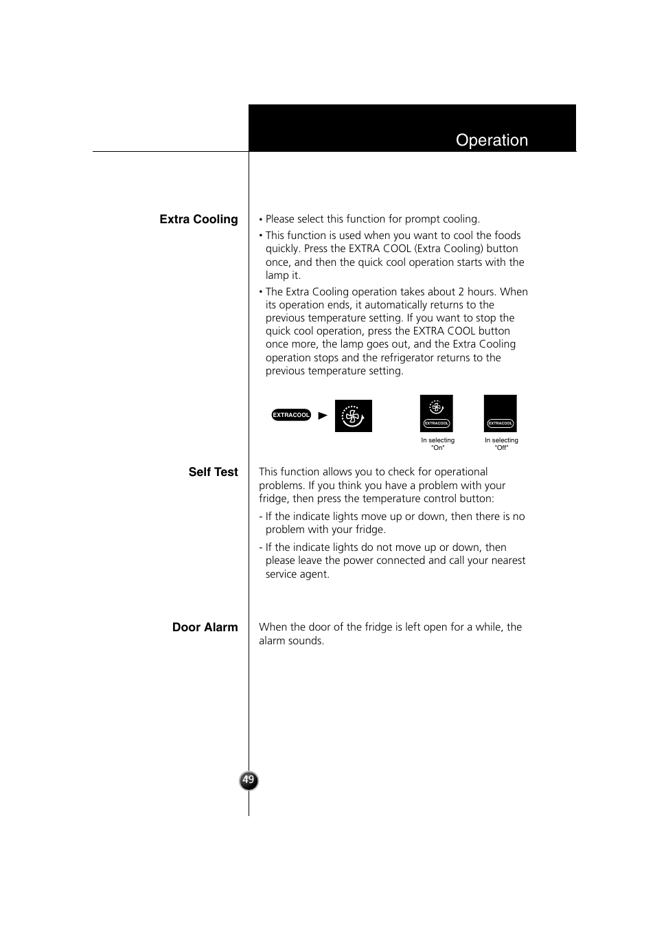 Operation, Extra cooling, Self test | Door alarm | Smeg LB30AFNF User Manual | Page 41 / 51