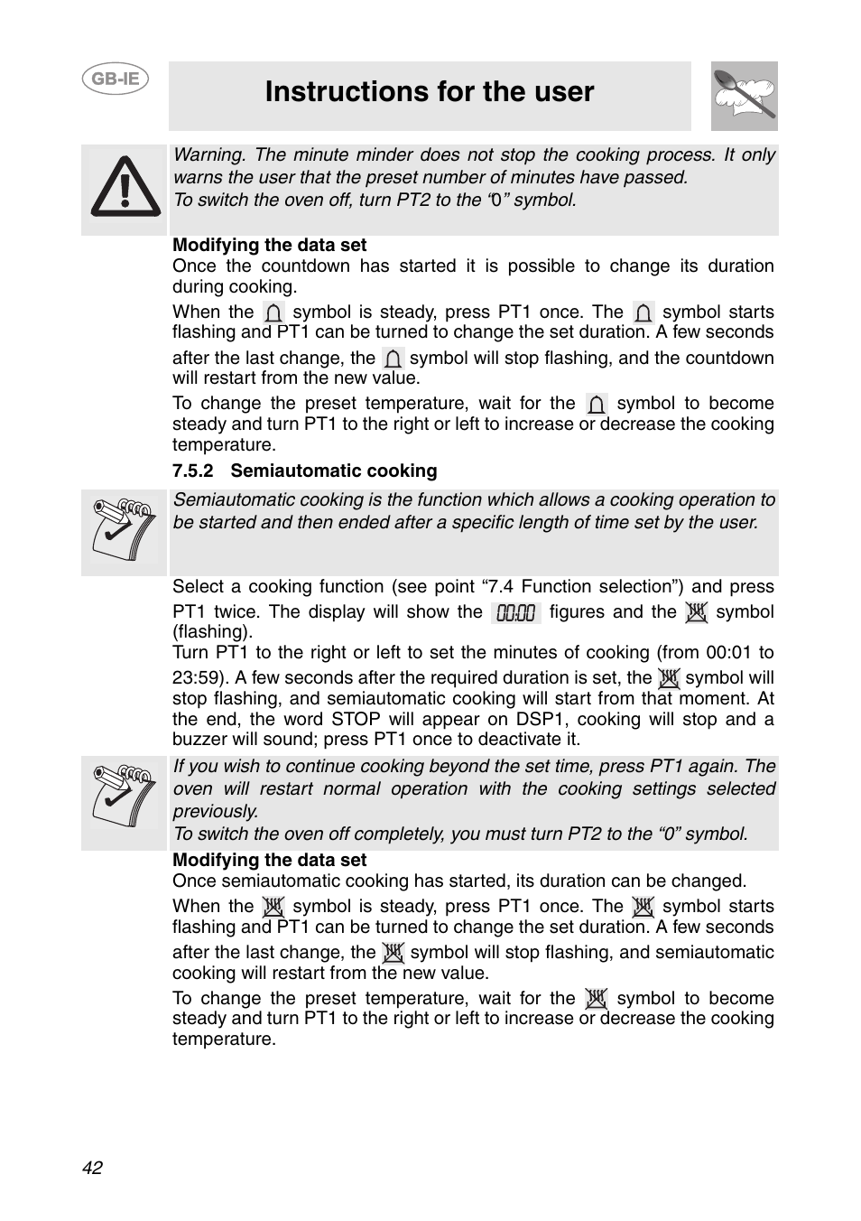 2 semiautomatic cooking, Instructions for the user | Smeg FP131B1 User Manual | Page 10 / 30