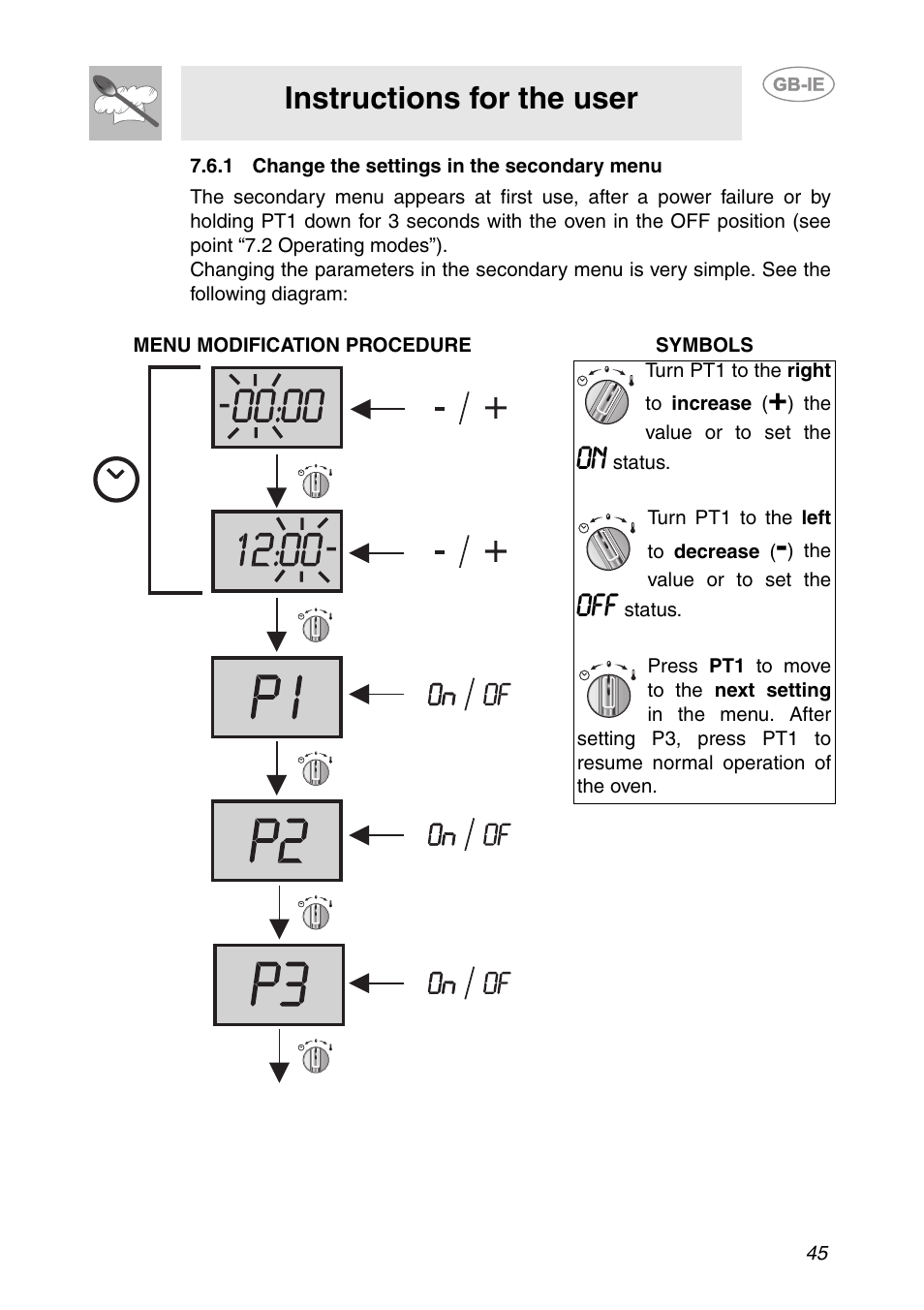 1 change the settings in the secondary menu, Instructions for the user | Smeg FP131B1 User Manual | Page 13 / 30