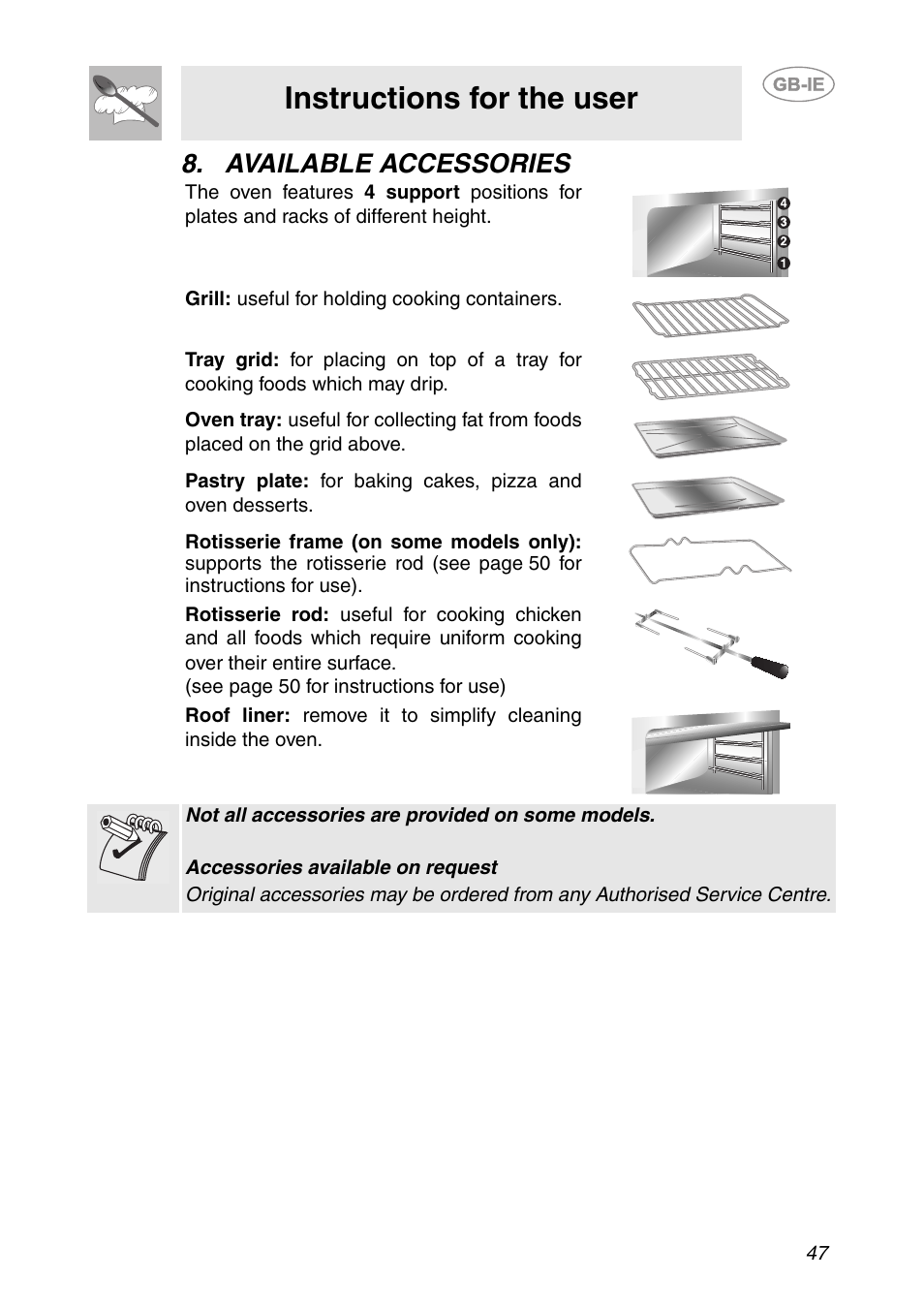 Available accessories, Instructions for the user | Smeg FP131B1 User Manual | Page 15 / 30