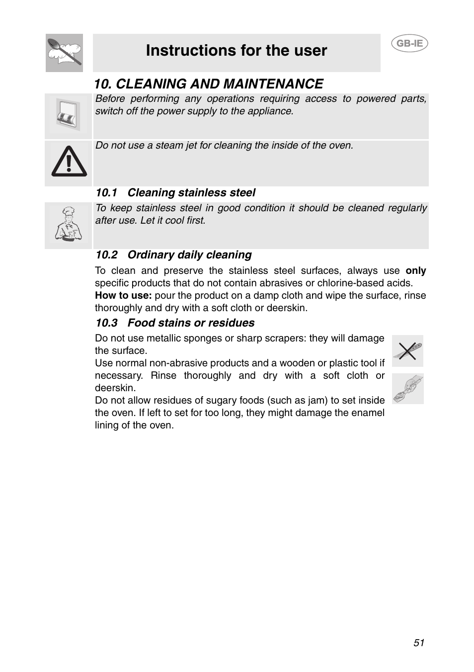 Cleaning and maintenance, 1 cleaning stainless steel, 2 ordinary daily cleaning | 3 food stains or residues, Instructions for the user | Smeg FP131B1 User Manual | Page 19 / 30