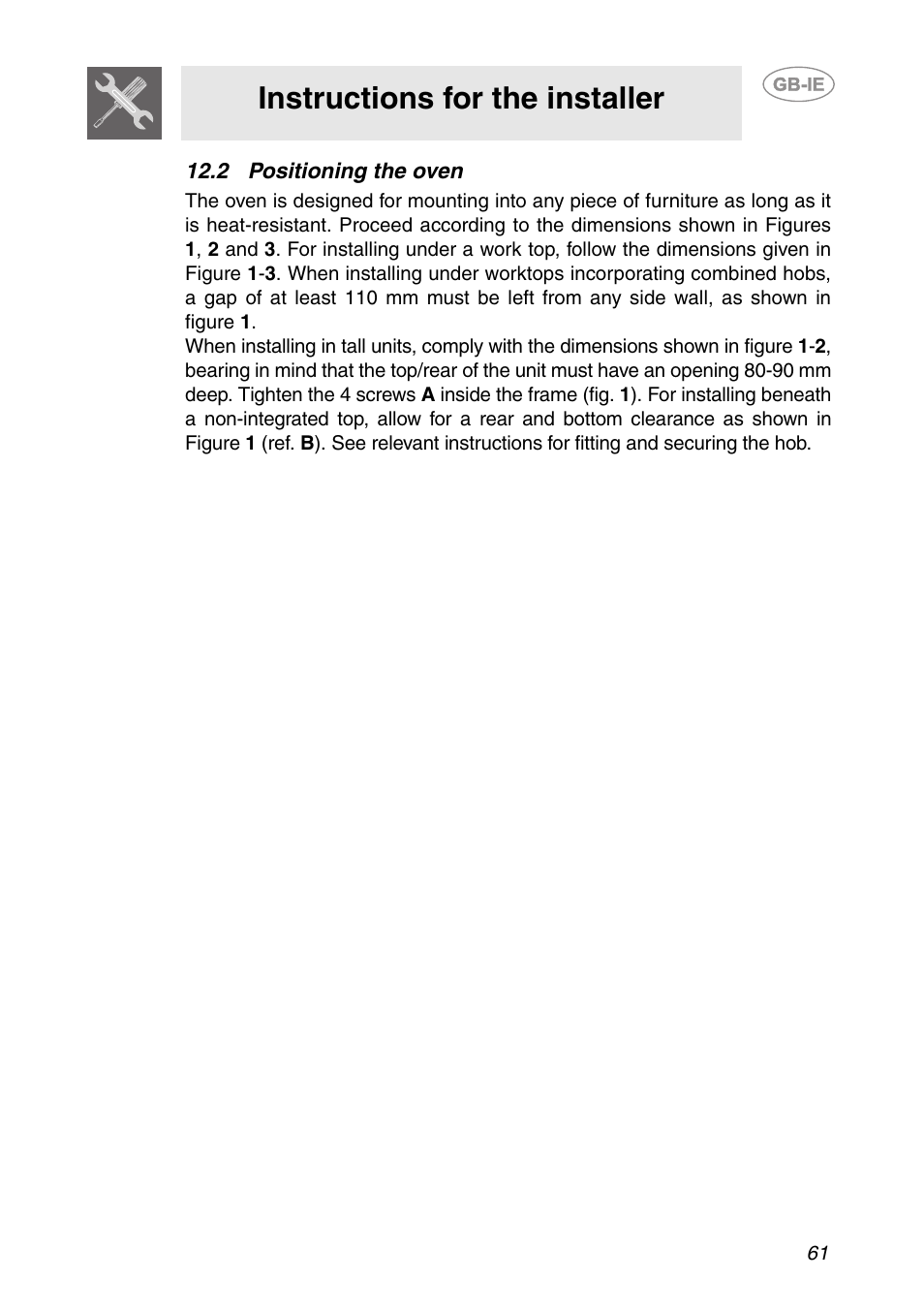 2 positioning the oven, Instructions for the installer | Smeg FP131B1 User Manual | Page 29 / 30