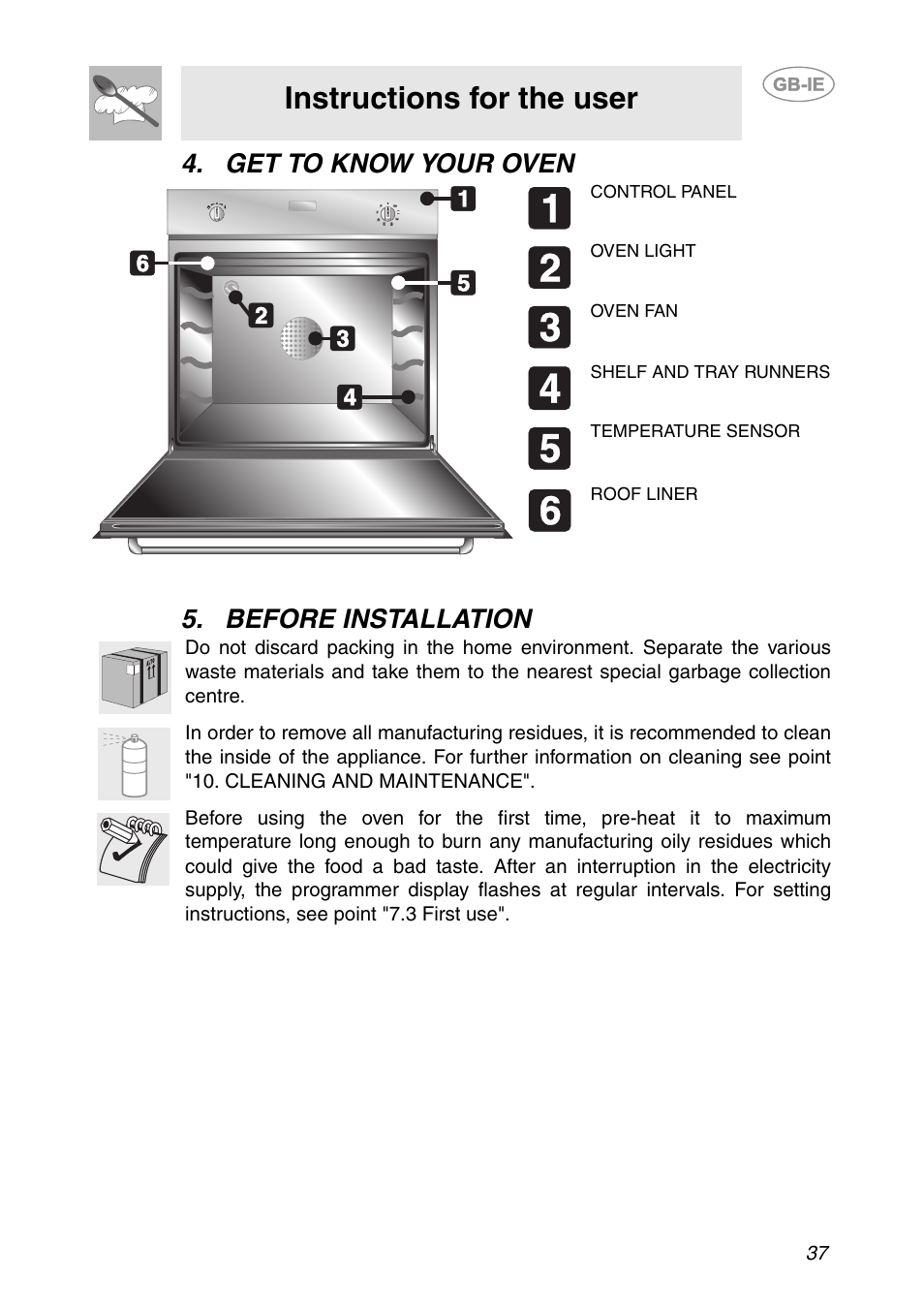 Get to know your oven, Before installation, Instructions for the user | Get to know your oven 5. before installation | Smeg FP131B1 User Manual | Page 5 / 30