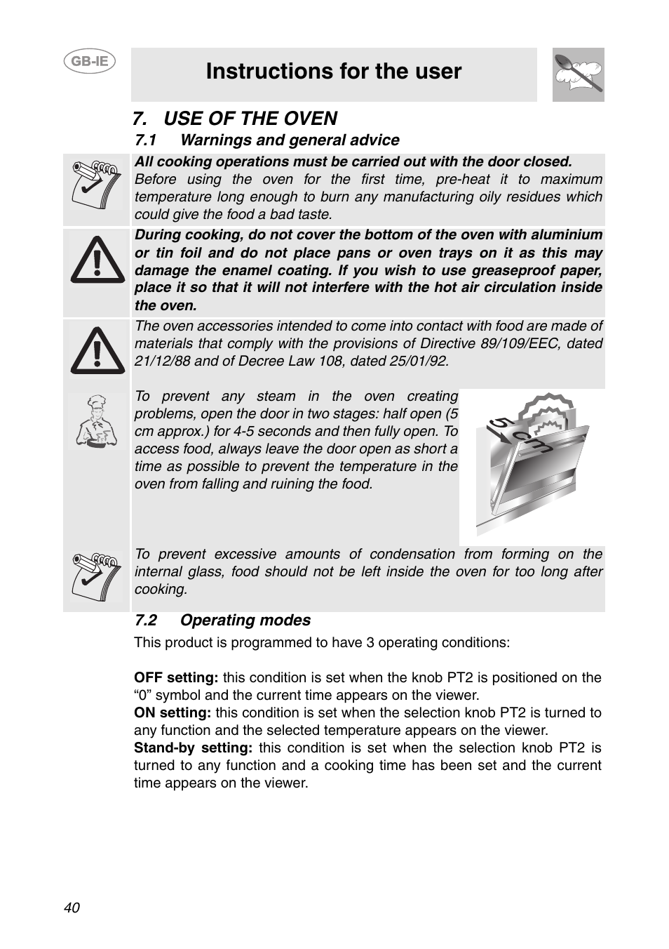 Use of the oven, 1 warnings and general advice, 2 operating modes | Instructions for the user | Smeg FP131B1 User Manual | Page 8 / 30