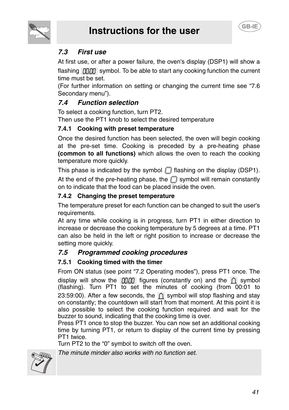 3 first use, 4 function selection, 1 cooking with preset temperature | 2 changing the preset temperature, 5 programmed cooking procedures, 1 cooking timed with the timer, Instructions for the user | Smeg FP131B1 User Manual | Page 9 / 30