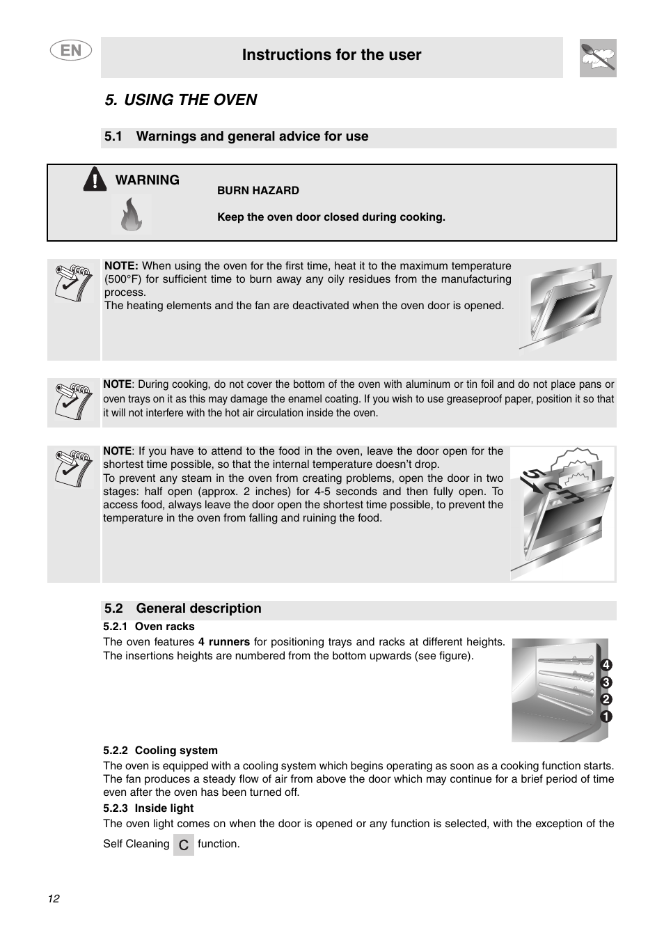 Using the oven, 1 warnings and general advice for use, 2 general description | 1 oven racks, 2 cooling system, 3 inside light, Instructions for the user | Smeg SCP111BU2 User Manual | Page 10 / 28