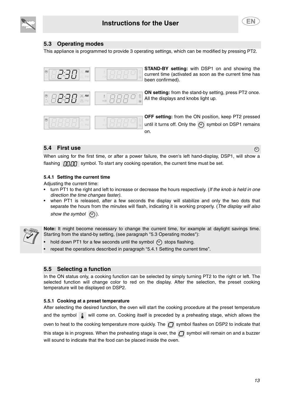 3 operating modes, 4 first use, 1 setting the current time | 5 selecting a function, 1 cooking at a preset temperature, Instructions for the user | Smeg SCP111BU2 User Manual | Page 11 / 28