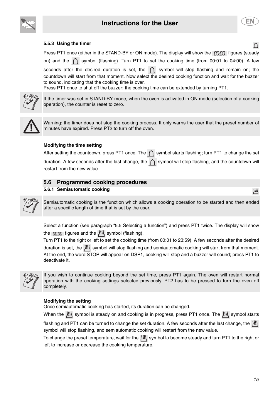 3 using the timer, 6 programmed cooking procedures, 1 semiautomatic cooking | Instructions for the user | Smeg SCP111BU2 User Manual | Page 13 / 28