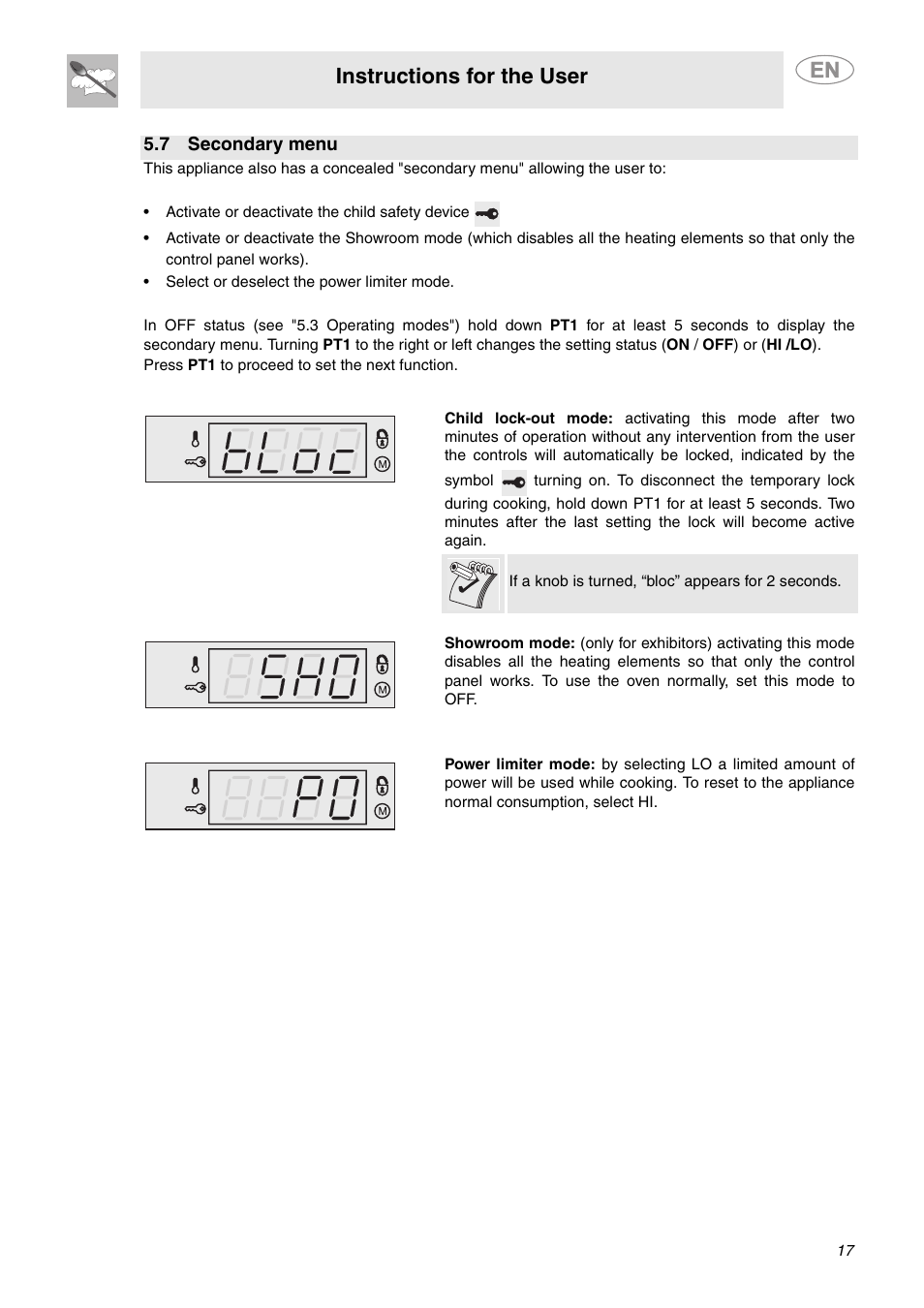 7 secondary menu, Instructions for the user | Smeg SCP111BU2 User Manual | Page 15 / 28