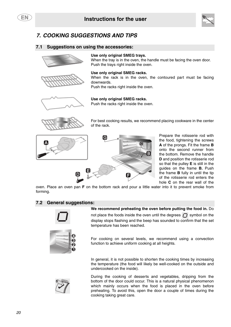 Cooking suggestions and tips, 1 suggestions on using the accessories, 2 general suggestions | Instructions for the user | Smeg SCP111BU2 User Manual | Page 18 / 28