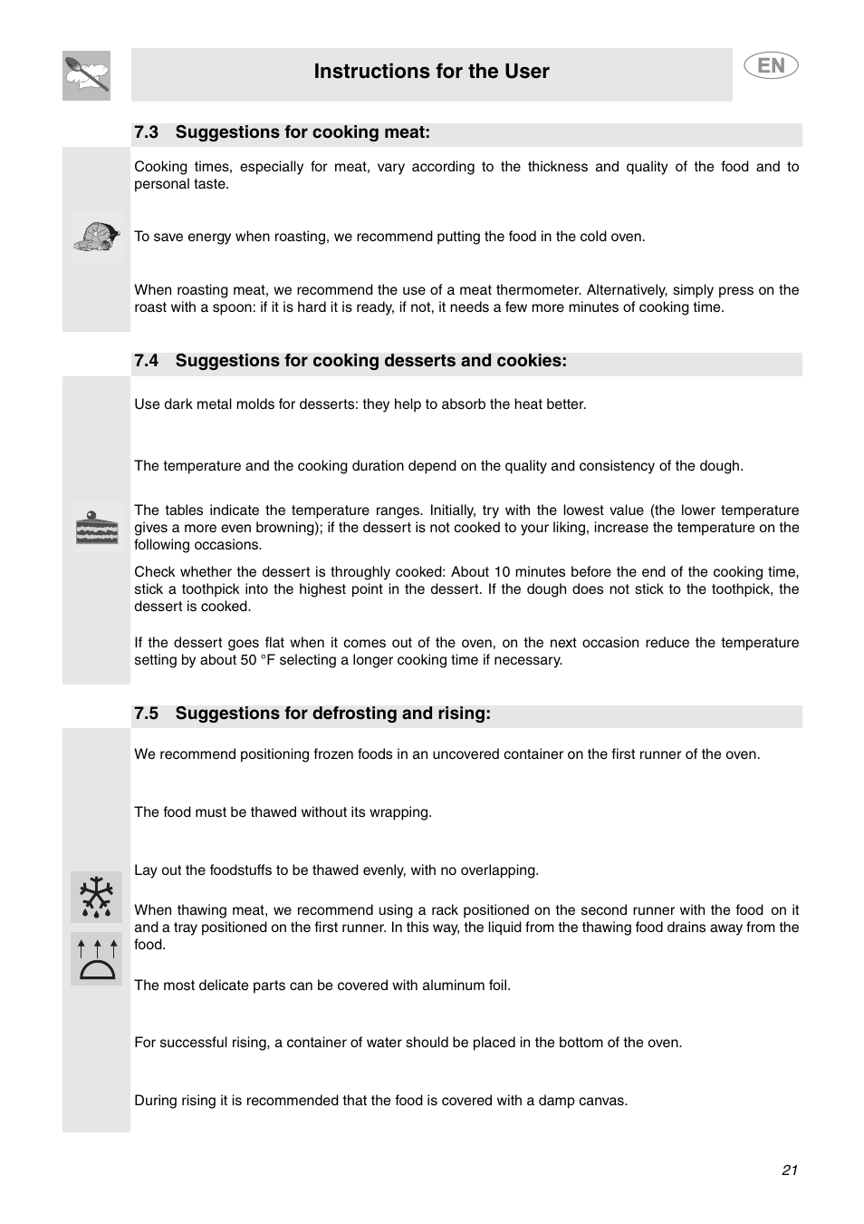 3 suggestions for cooking meat, 4 suggestions for cooking desserts and cookies, 5 suggestions for defrosting and rising | Instructions for the user | Smeg SCP111BU2 User Manual | Page 19 / 28