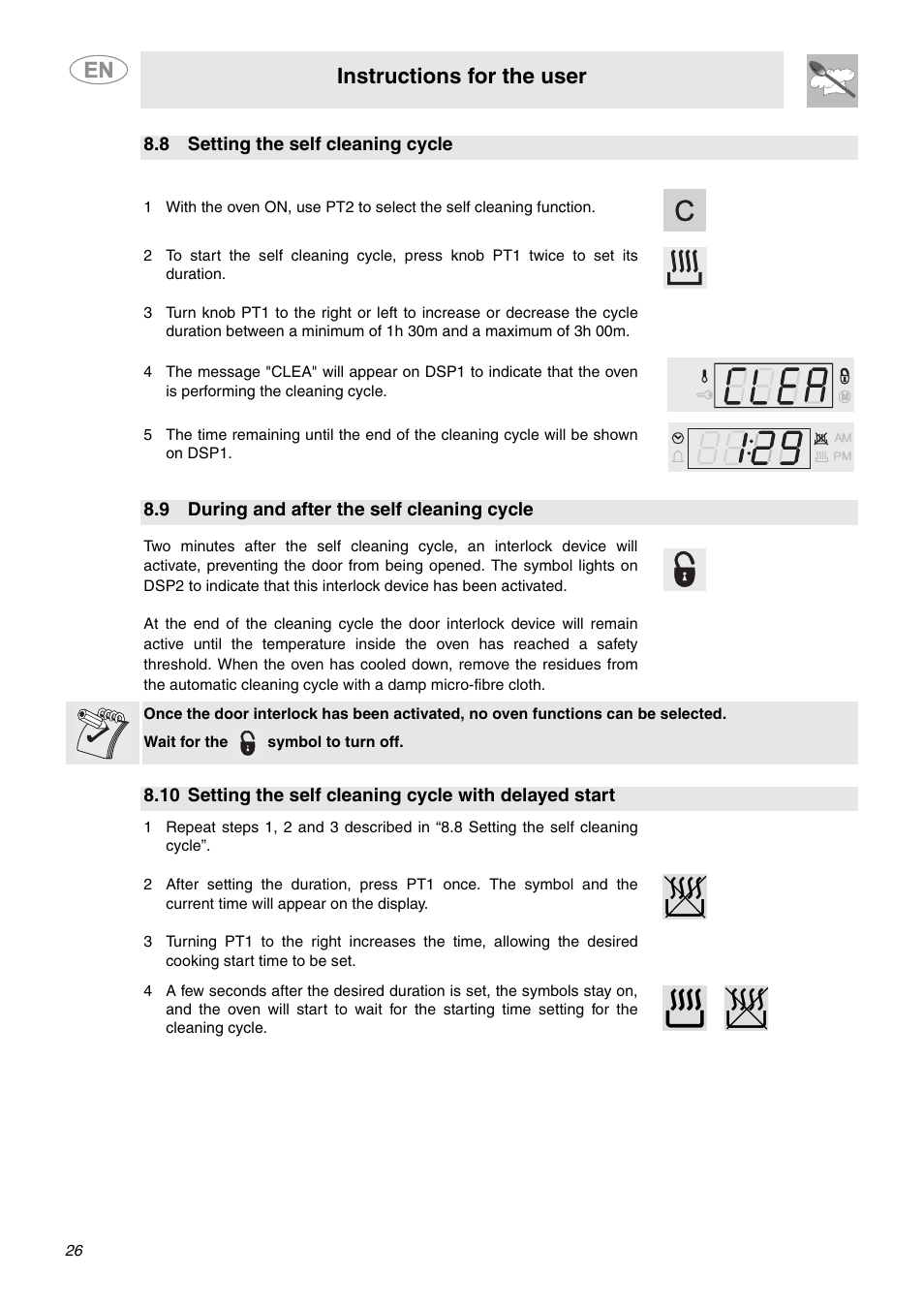 8 setting the self cleaning cycle, 9 during and after the self cleaning cycle, Instructions for the user | Smeg SCP111BU2 User Manual | Page 24 / 28