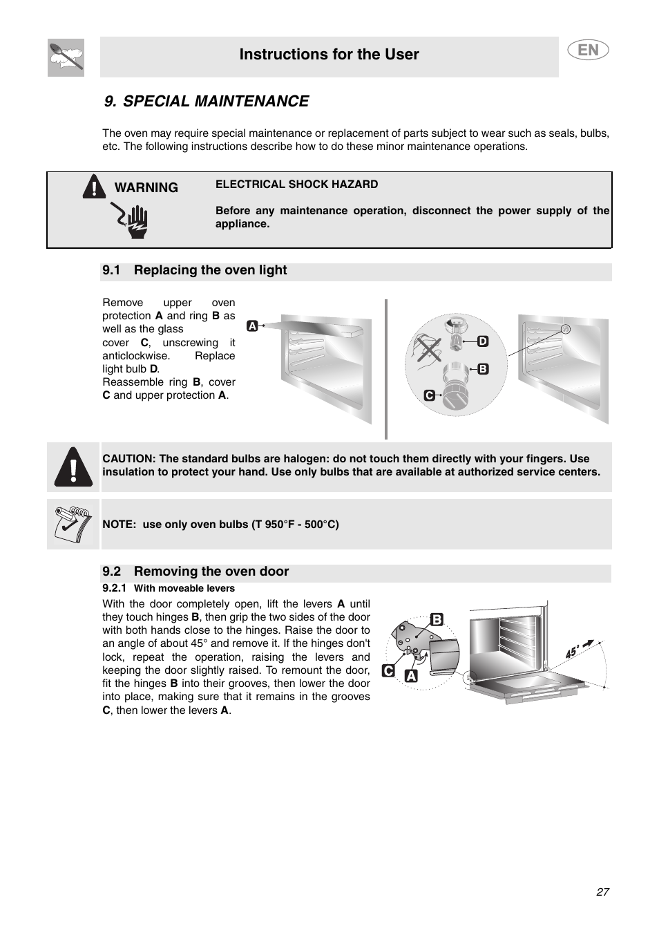 Special maintenance, 1 replacing the oven light, 2 removing the oven door | 1 with moveable levers, Instructions for the user | Smeg SCP111BU2 User Manual | Page 25 / 28