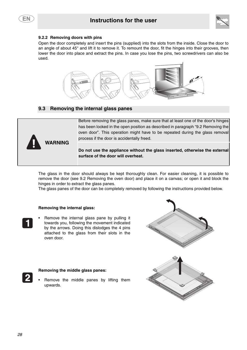 2 removing doors with pins, 3 removing the internal glass panes, Warning | Instructions for the user | Smeg SCP111BU2 User Manual | Page 26 / 28