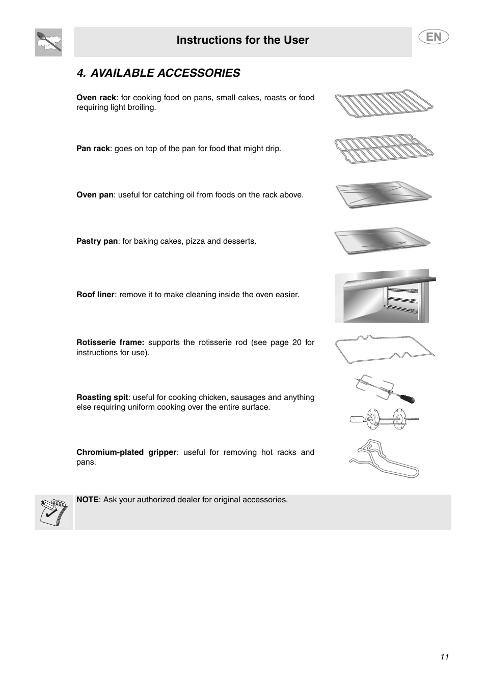 Available accessories, Instructions for the user | Smeg SCP111BU2 User Manual | Page 9 / 28