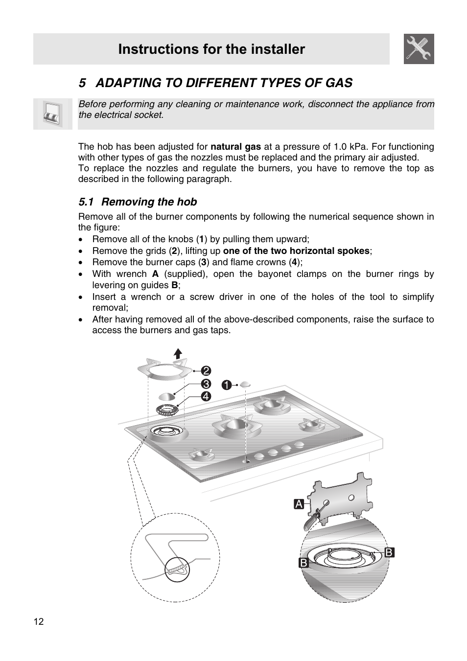 5 adapting to different types of gas, 1 removing the hob, Instructions for the installer | Smeg PA106SX User Manual | Page 10 / 20