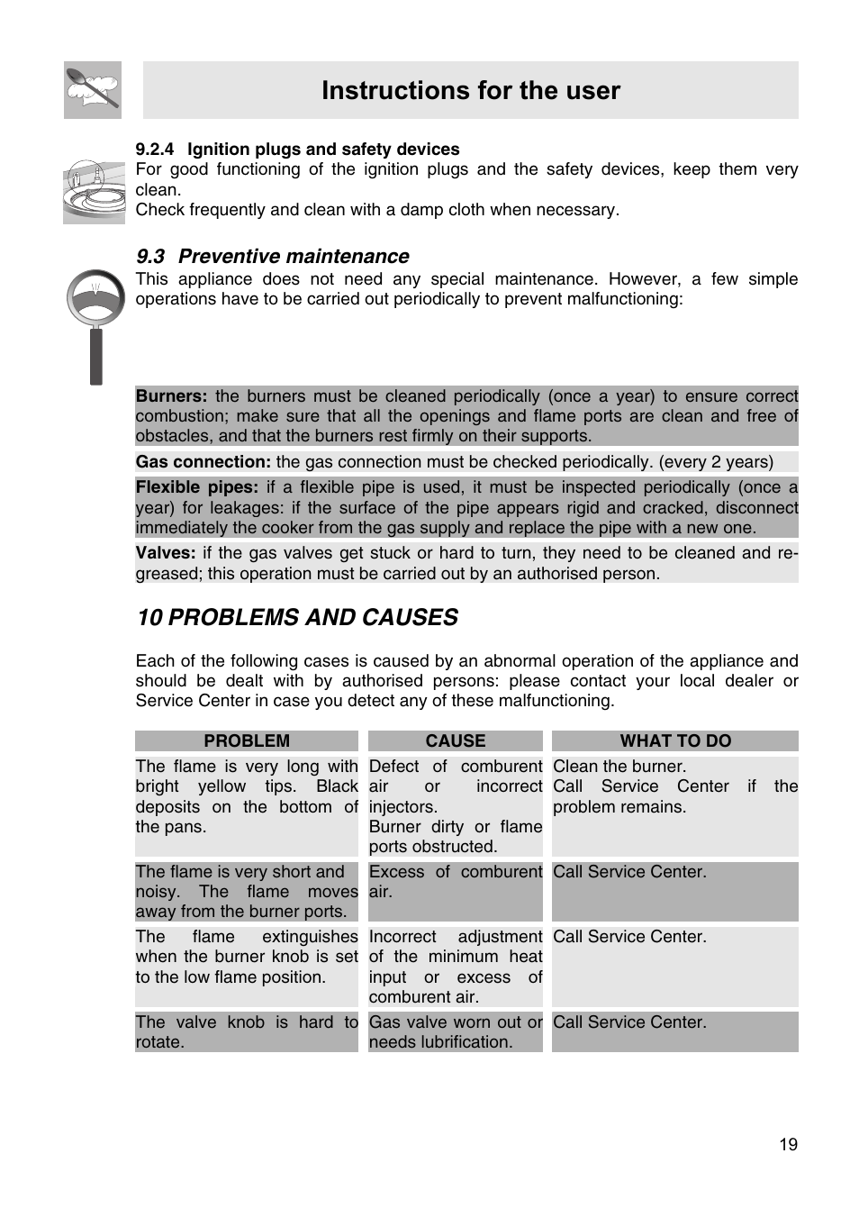 4 ignition plugs and safety devices, 3 preventive maintenance, 10 problems and causes | Instructions for the user | Smeg PA106SX User Manual | Page 17 / 20