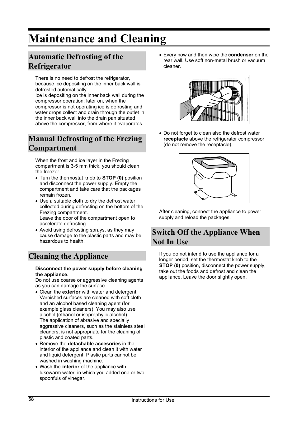 Maintenance and cleaning, Automatic defrosting of the refrigerator, Manual defrosting of the frezing compartment | Cleaning the appliance, Switch off the appliance when not in use | Smeg FA28B User Manual | Page 12 / 14