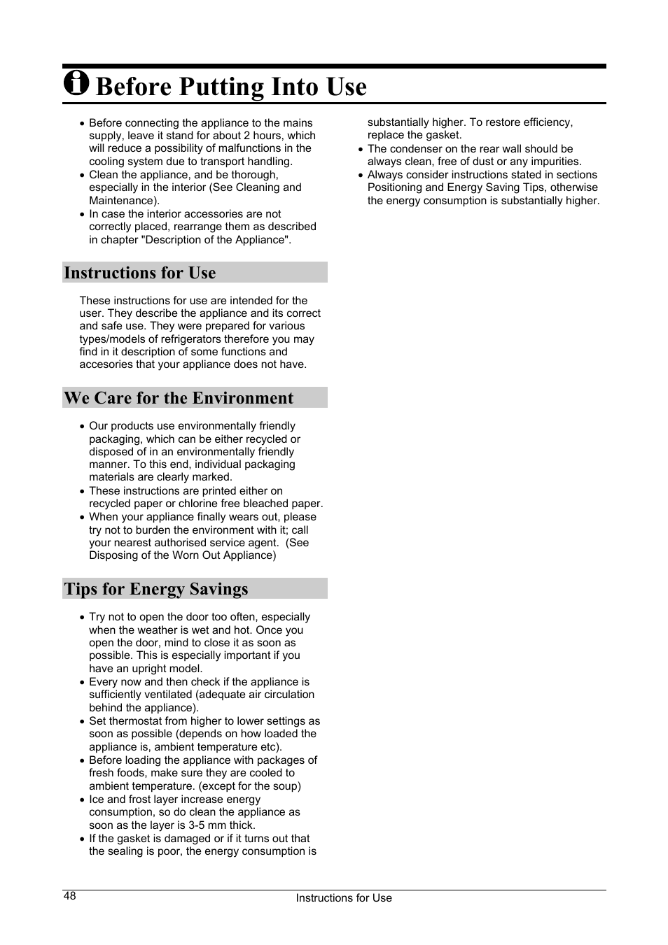 Before putting into use, Instructions for use, We care for the environment | Tips for energy savings | Smeg FA28B User Manual | Page 2 / 14