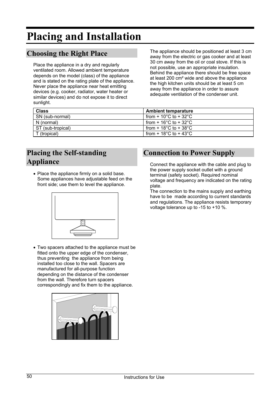 Placing and installation, Choosing the right place, Placing the self-standing appliance | Connection to power supply | Smeg FA28B User Manual | Page 4 / 14