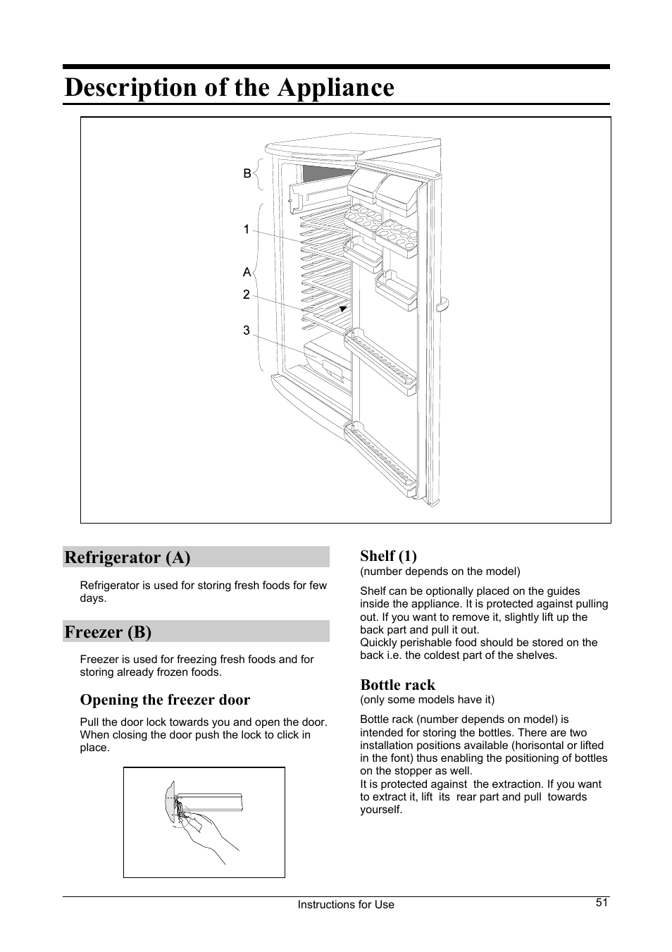 Description of the appliance, Refrigerator (a), Freezer (b) | Smeg FA28B User Manual | Page 5 / 14