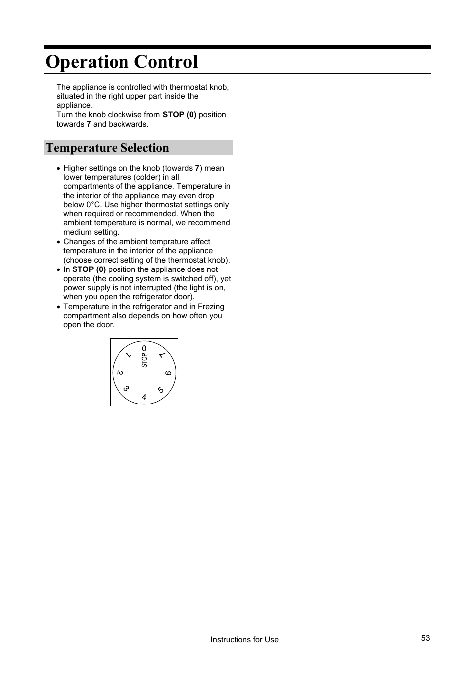 Operation control, Temperature selection | Smeg FA28B User Manual | Page 7 / 14