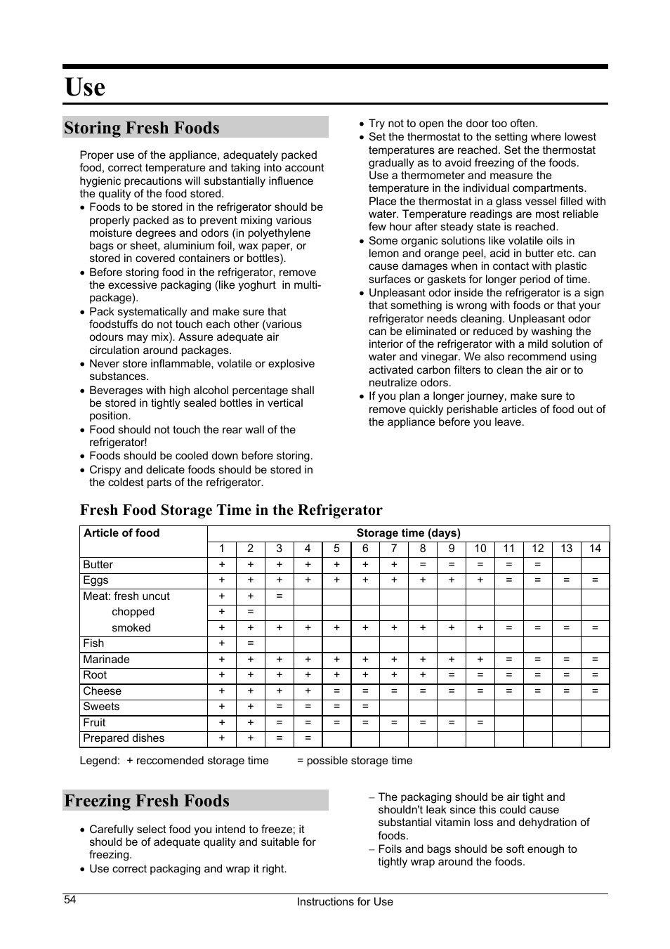 Storing fresh foods, Freezing fresh foods, Fresh food storage time in the refrigerator | Smeg FA28B User Manual | Page 8 / 14