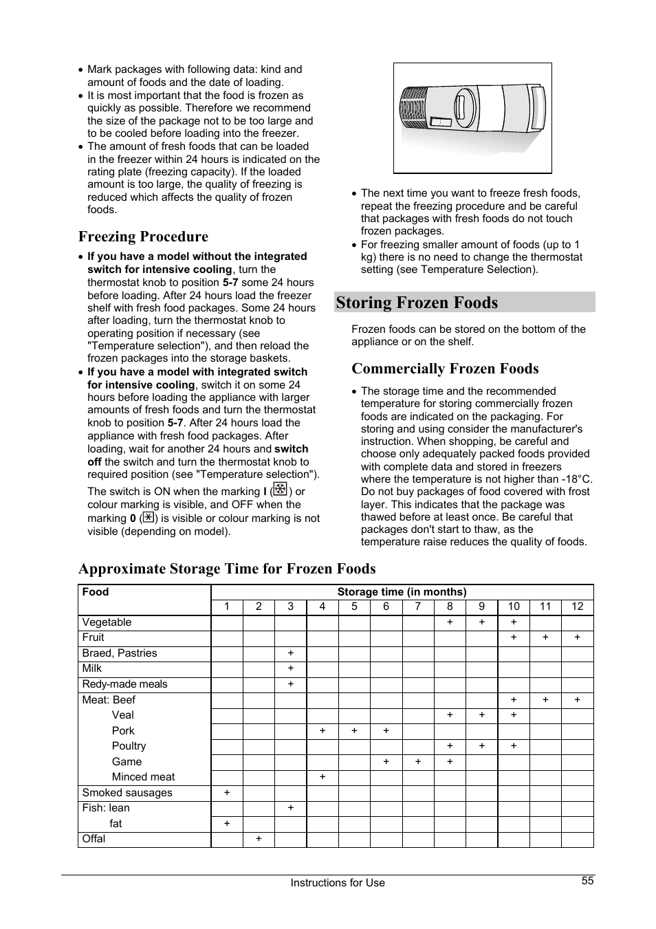 Storing frozen foods, Freezing procedure, Commercially frozen foods | Approximate storage time for frozen foods | Smeg FA28B User Manual | Page 9 / 14