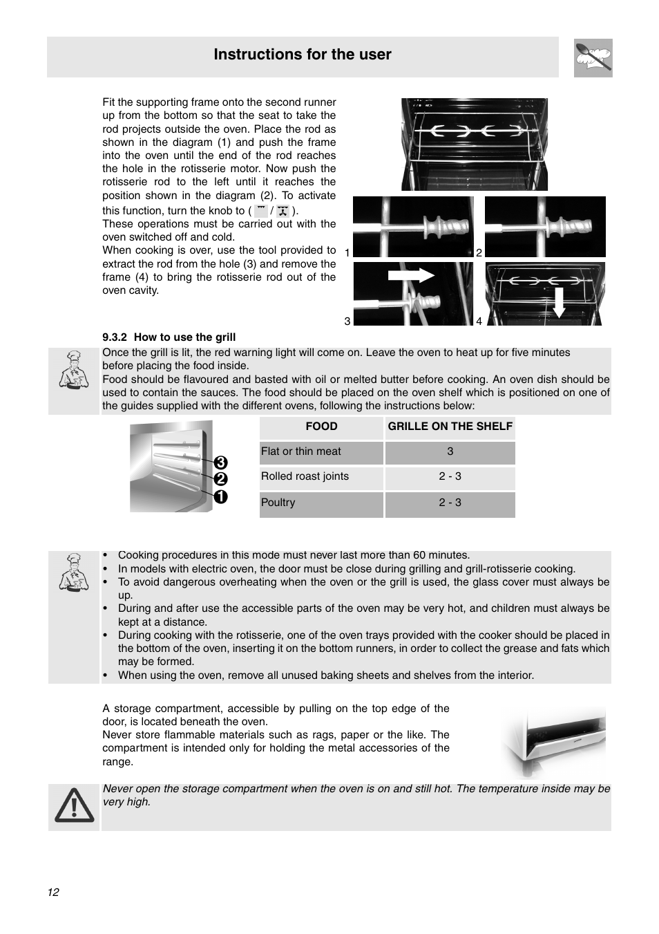 2 how to use the grill, 4 warning, 5 storage compartment | Instructions for the user | Smeg SNZ106VML User Manual | Page 10 / 24