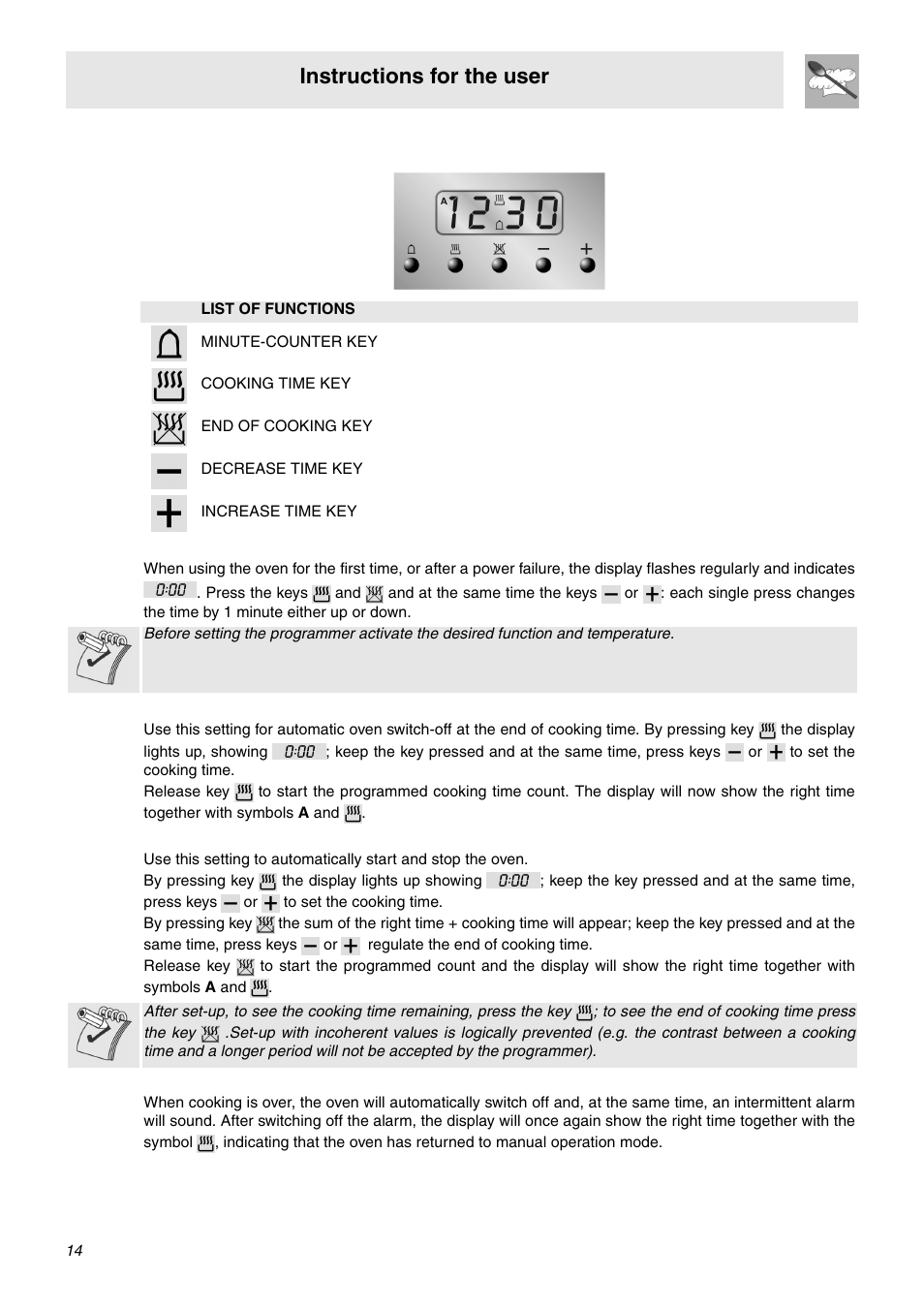 Electronic programmer, 1 clock adjustment, 2 semiautomatic cooking | 3 automatic cooking, 4 end of cooking, Instructions for the user | Smeg SNZ106VML User Manual | Page 12 / 24