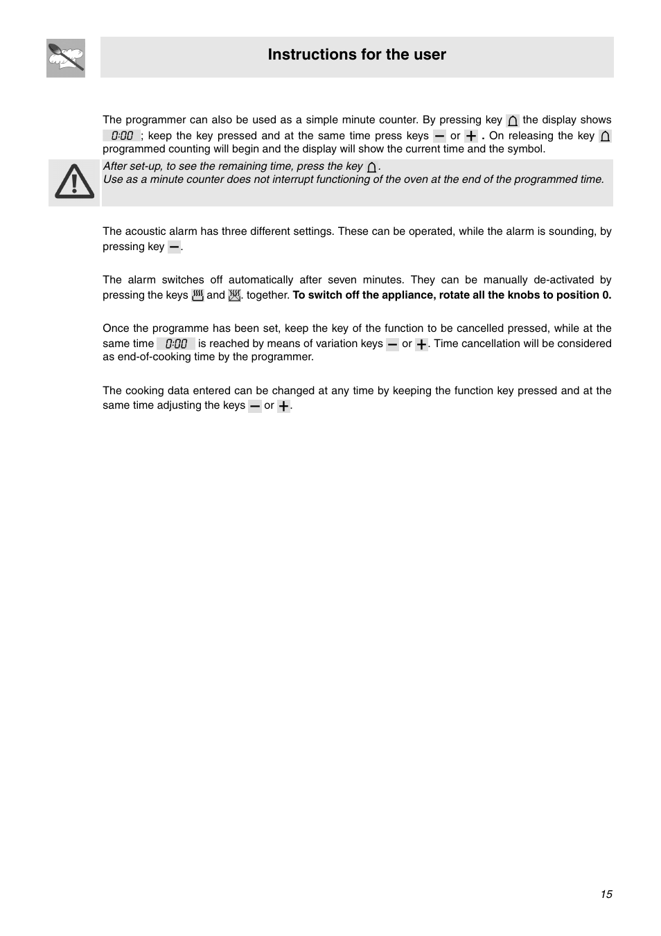 5 minute counter, 6 adjusting alarm volume, 7 switching off the alarm | 8 cancellation of set data, 9 changing the set data, Instructions for the user | Smeg SNZ106VML User Manual | Page 13 / 24