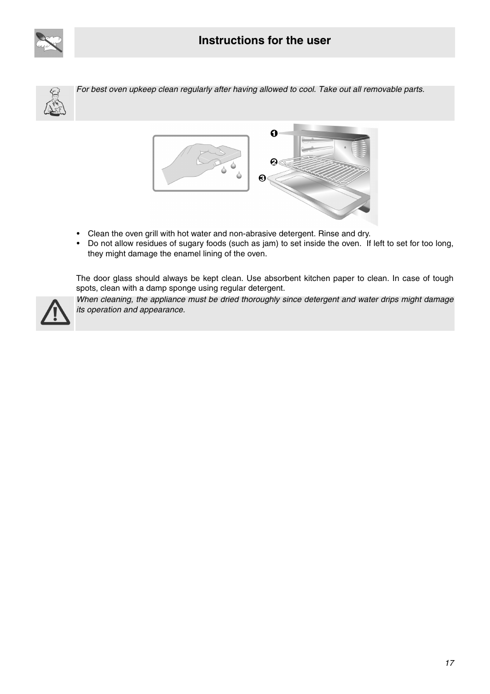 5 cleaning of oven, 6 door glass, Instructions for the user | Smeg SNZ106VML User Manual | Page 15 / 24