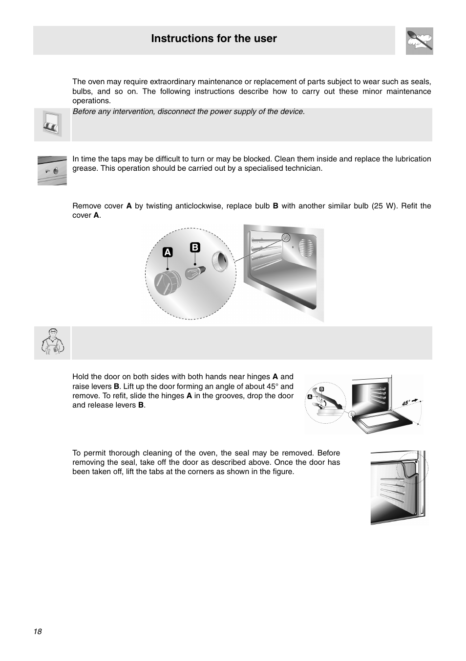 Extraordinary maintenance, 1 lubrication of the taps, 2 replacement of light bulb | 3 removing the door, 4 oven door gaskets, Instructions for the user | Smeg SNZ106VML User Manual | Page 16 / 24