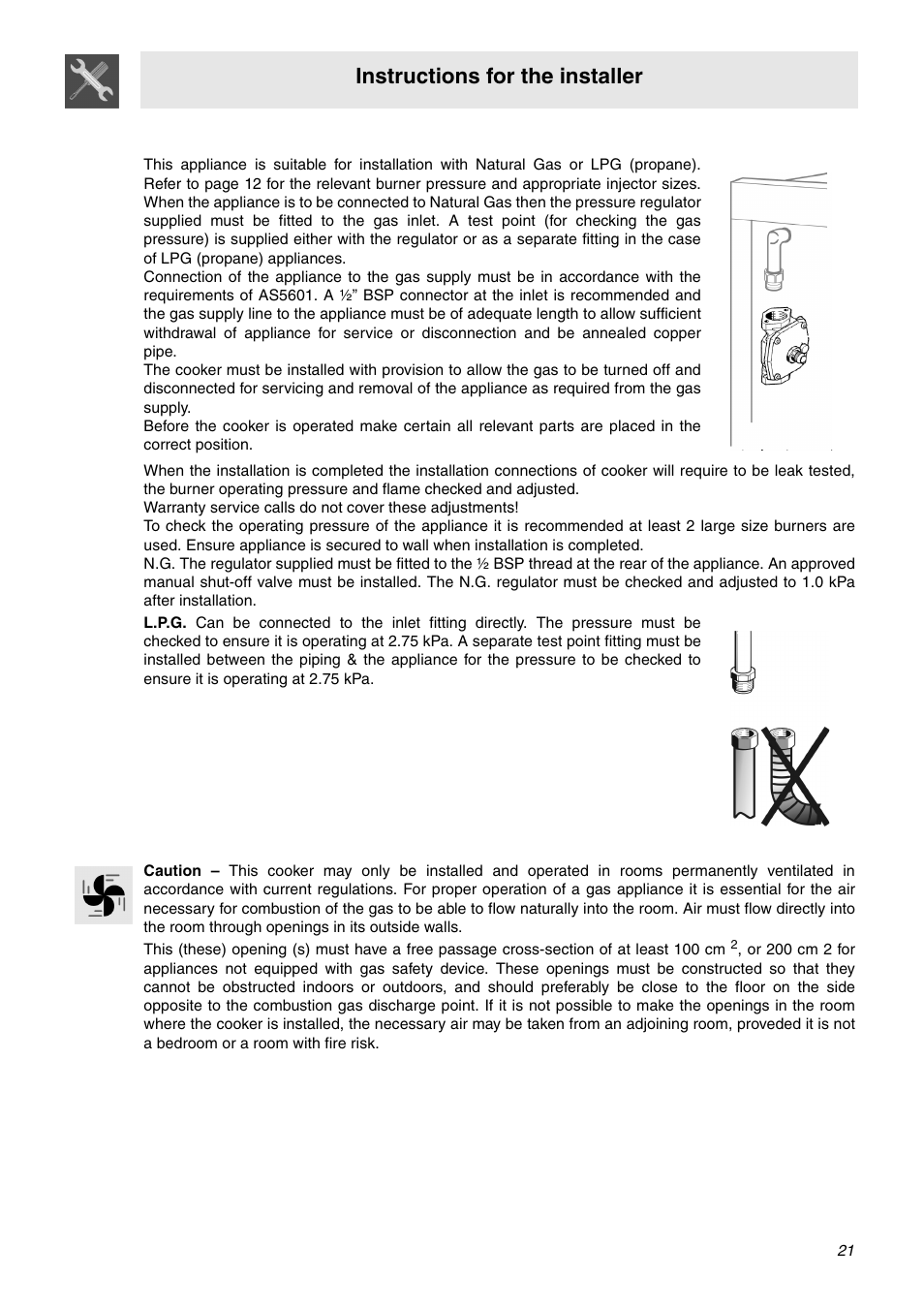 2 gas connection, 3 room ventilation, Instructions for the installer | Smeg SNZ106VML User Manual | Page 19 / 24