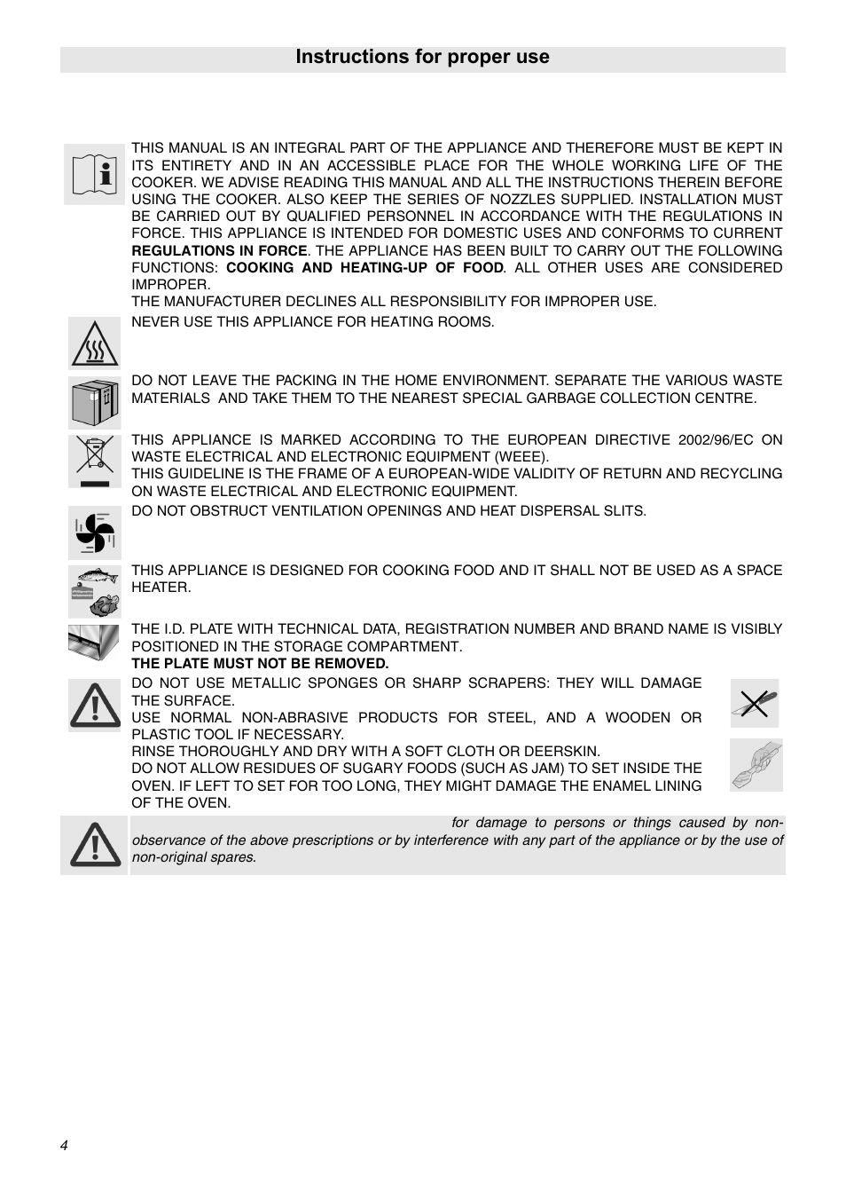 Instructions for proper use | Smeg SNZ106VML User Manual | Page 2 / 24