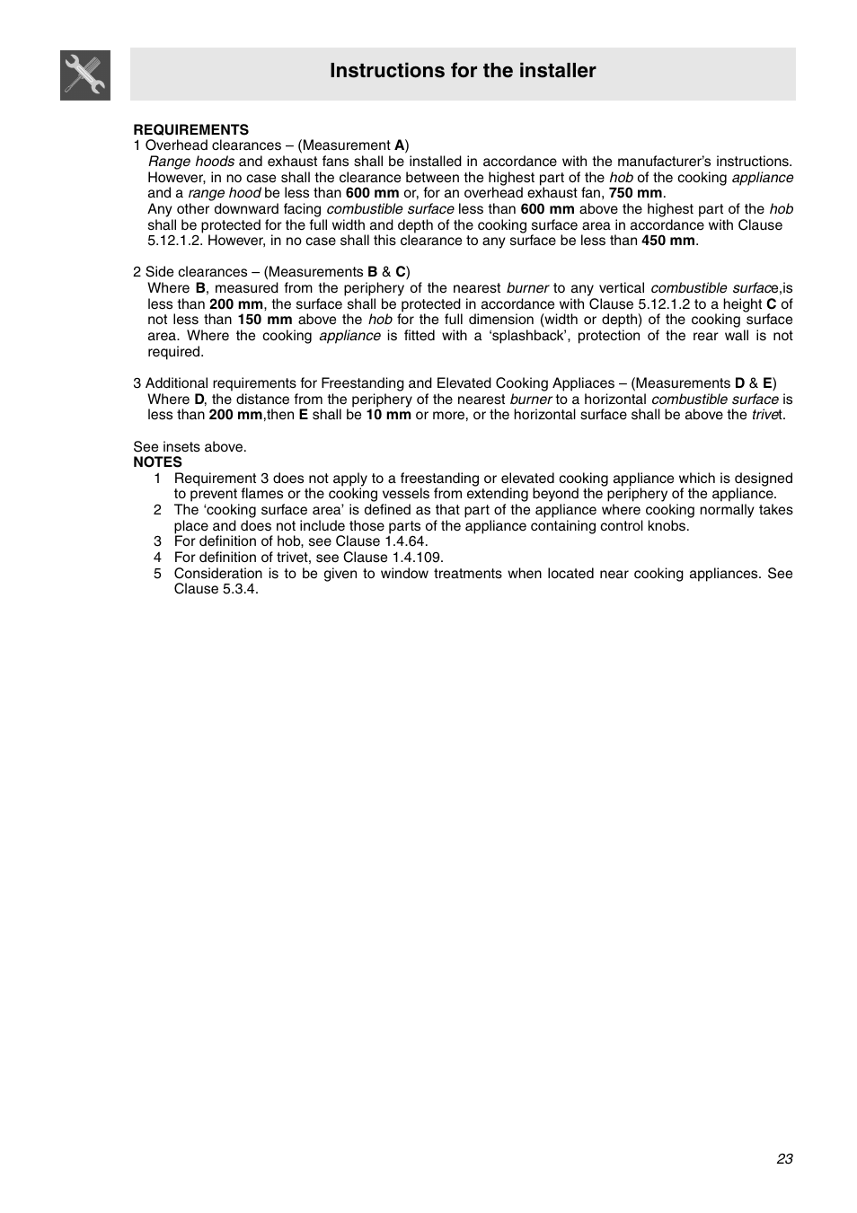 3 for definition of hob, see clause 1.4.64, 4 for definition of trivet, see clause 1.4.109, Instructions for the installer | Smeg SNZ106VML User Manual | Page 21 / 24
