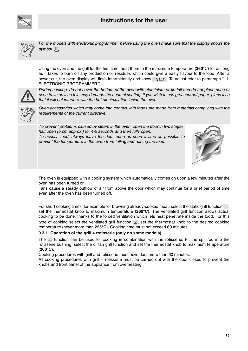 Use of the oven, 1 warnings and general advice, 2 cooling system | 3 use of the electric grill, Instructions for the user | Smeg SNZ106VML User Manual | Page 9 / 24