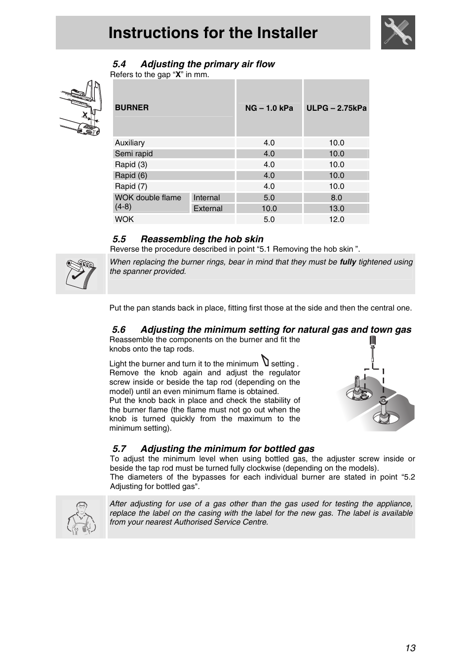 Adjusting the primary air flow, 5 reassembling the hob skin, 7 adjusting the minimum for bottled gas | Reassembling the hob skin, Adjusting the minimum for bottled gas, Instructions for the installer, 13 5.4 adjusting the primary air flow | Smeg PTSA727X5 User Manual | Page 11 / 16
