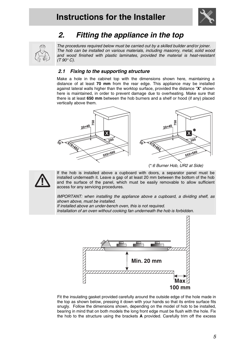 Fitting the appliance in the top, 1 fixing to the supporting structure, Fixing to the supporting structure | Instructions for the installer | Smeg PTSA727X5 User Manual | Page 3 / 16