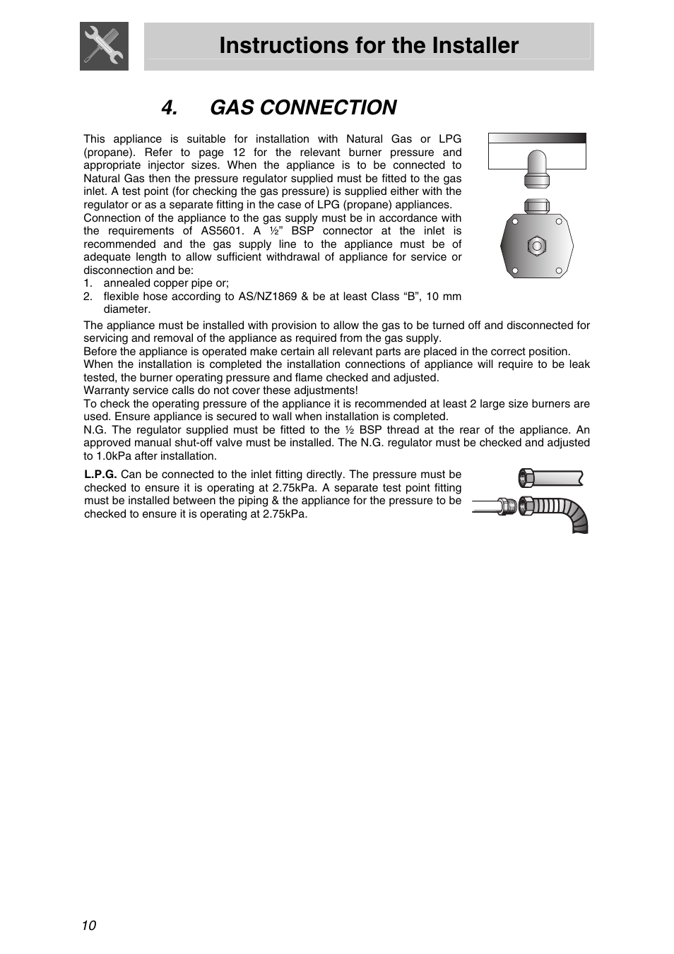 Gas connection, Instructions for the installer | Smeg PTSA727X5 User Manual | Page 8 / 16