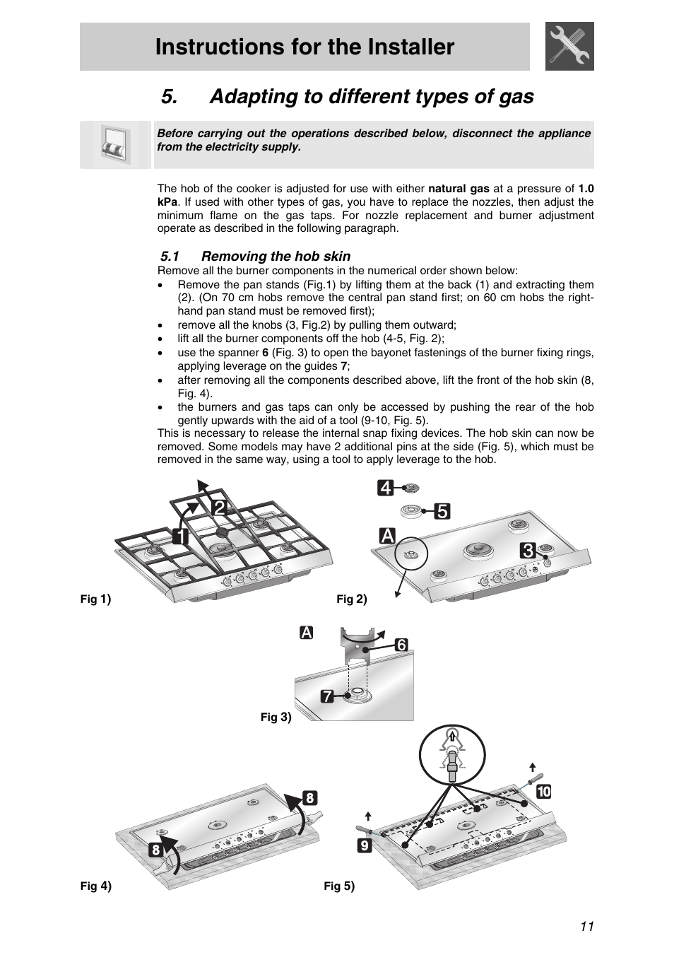 Adapting to different types of gas, 1 removing the hob skin, Removing the hob skin | Instructions for the installer | Smeg PTSA727X5 User Manual | Page 9 / 16