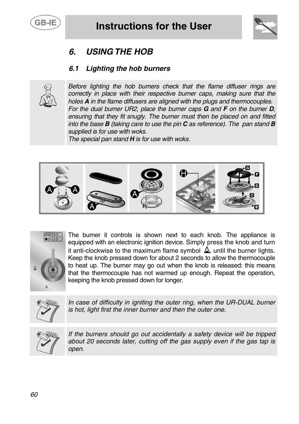 Using the hob, 1 lighting the hob burners, Instructions for the user | Lighting the hob burners | Smeg A5-6 User Manual | Page 18 / 39