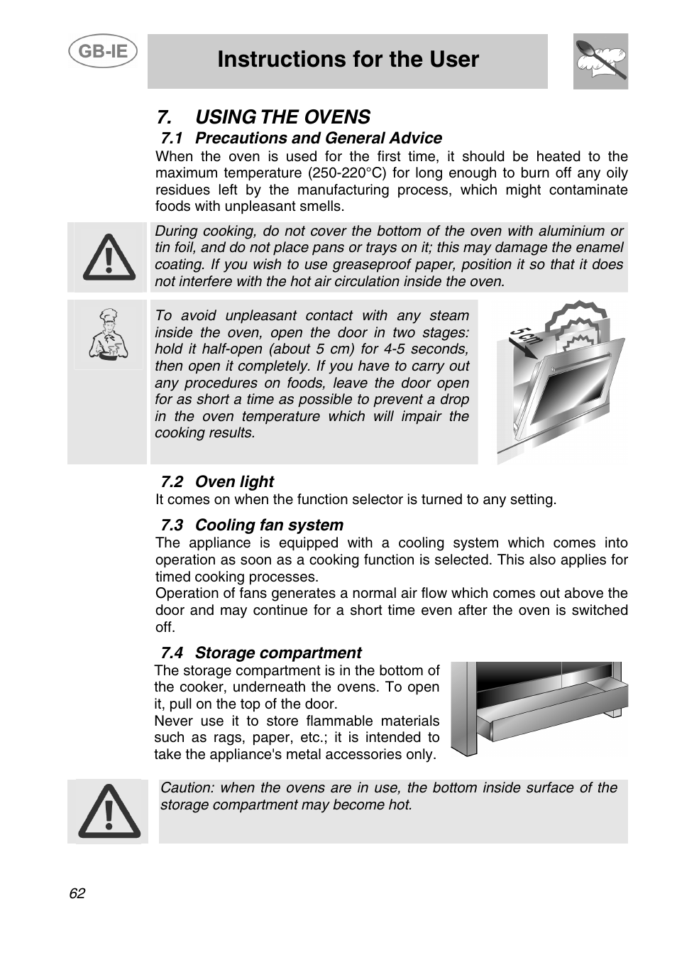Using the ovens, 1 precautions and general advice, 2 oven light | 3 cooling fan system, 4 storage compartment, Instructions for the user, Precautions and general advice, Cooling fan system, Storage compartment | Smeg A5-6 User Manual | Page 20 / 39